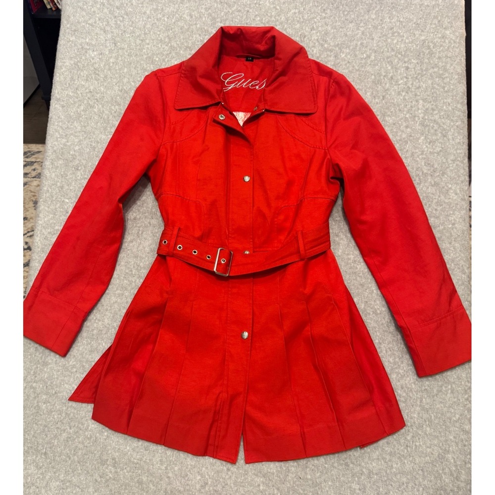 Guess‎ Womens Red Belted Trench Coat Pleated Hem Paisley Lining Large Y2K - Picture 2 of 15